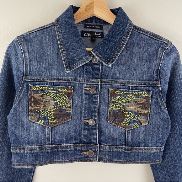 CLASH Vintage Y2K Blue Denim Green Brown Camo Rhinestone Cropped Jean Jacket - Picture 2 of 9